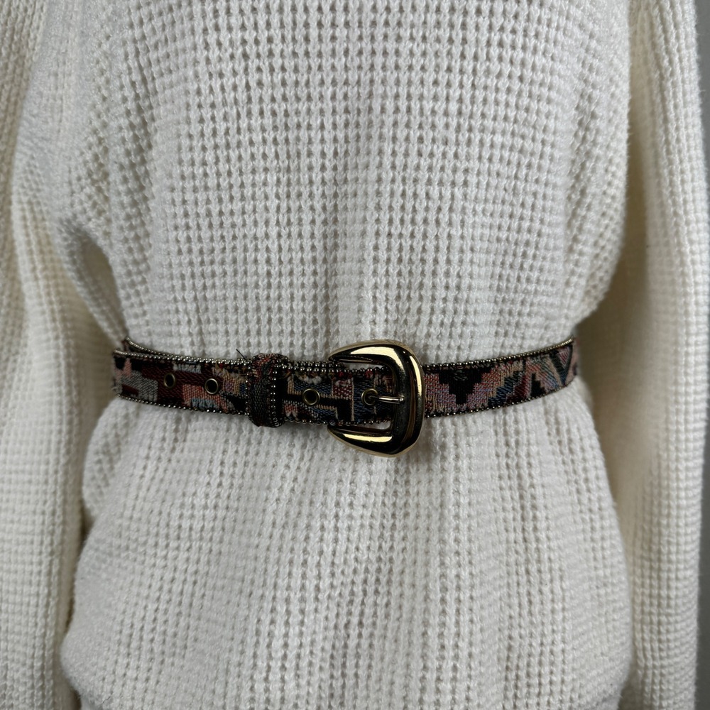 Earthy Cottage Eclectic Southwestern Vintage Leather Tapestry Belt Womens M/L